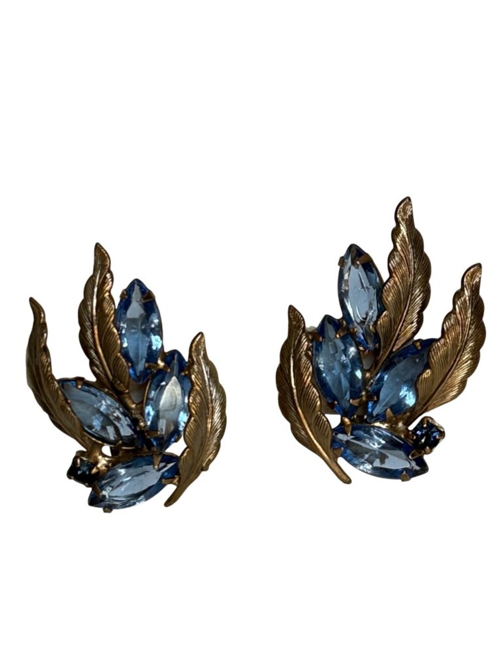 Vintage Blue Rhinestones Leaf Clip On Earrings Gold Tone Prong Set Statement